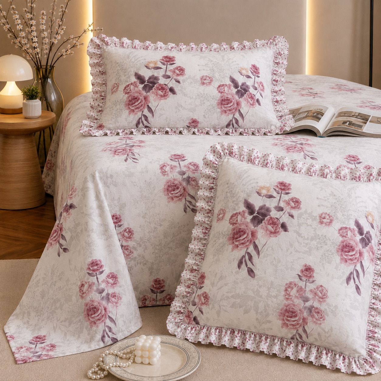 flipkart smartbuy Cotton King, Double Fitted (Elastic) 320 TC Floral 1 Summer Bedsheet with 2 Pillow Covers-picture-31