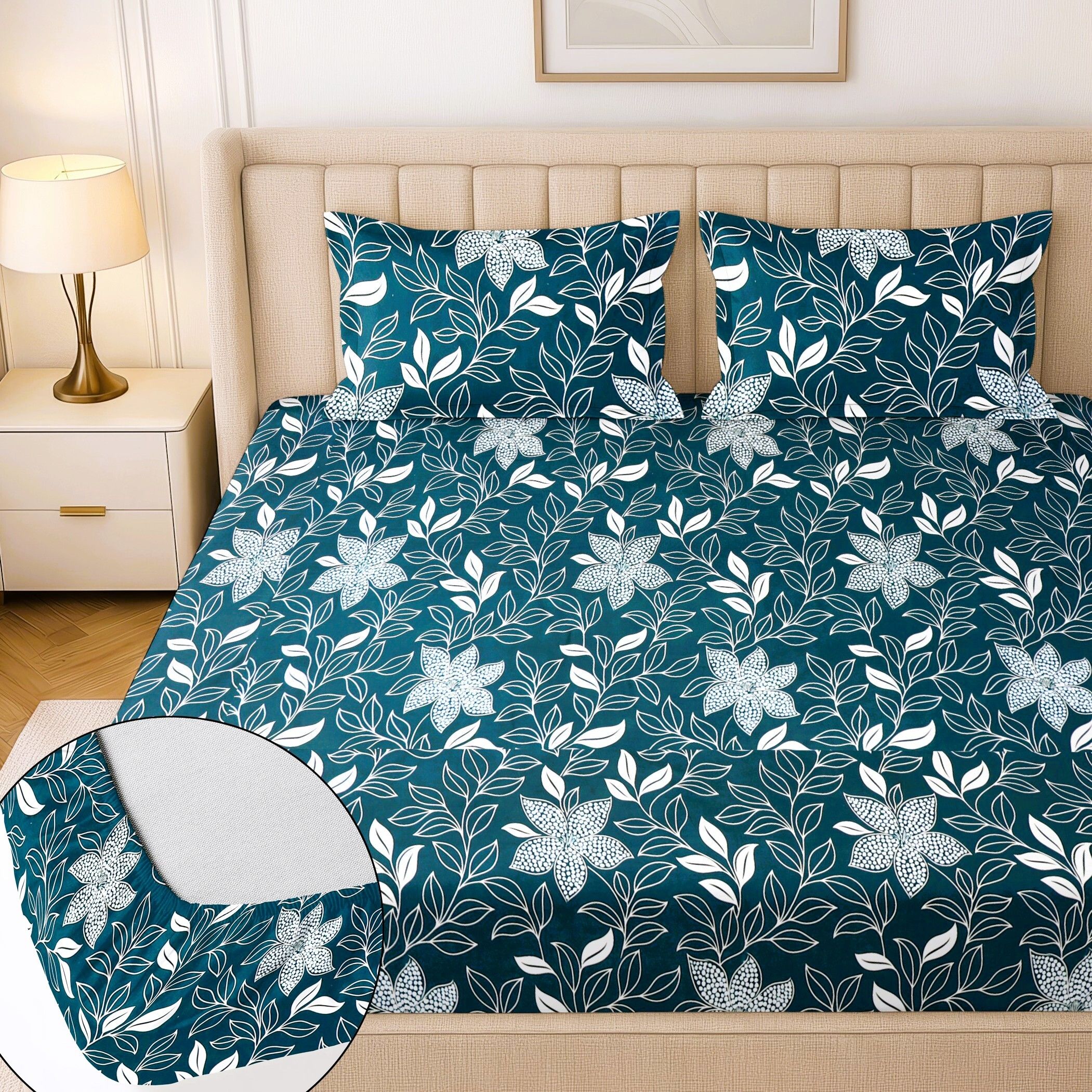 flipkart smartbuy Cotton King Fitted (Elastic) 244 TC Floral 1 Summer Bedsheet with 2 Pillow Covers-picture-23