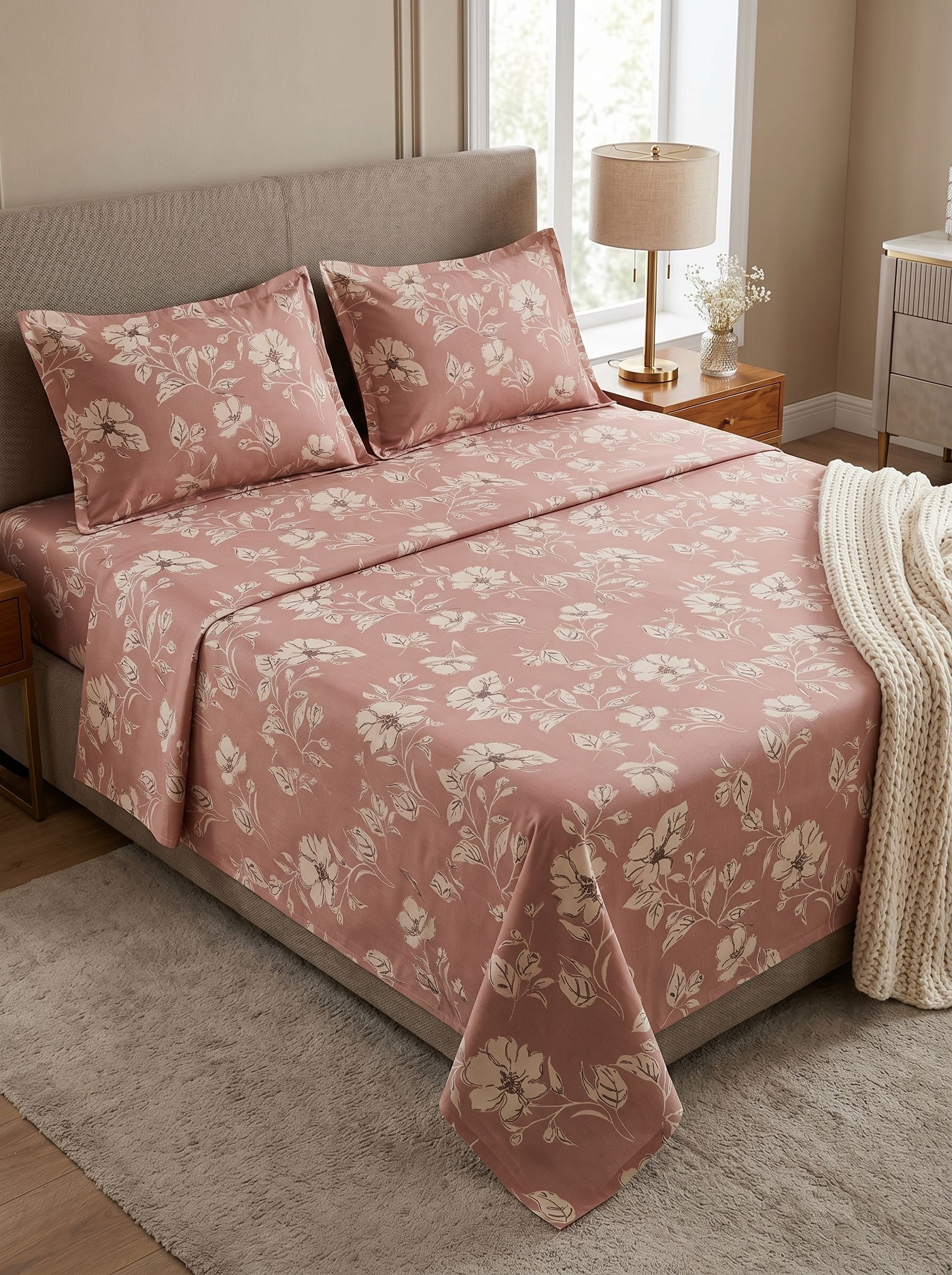 woodennest Cotton Double, King, Queen Flat 200 TC Floral 1 Summer Bedsheet with 2 Pillow Covers, 2 Cushion Covers-picture-36