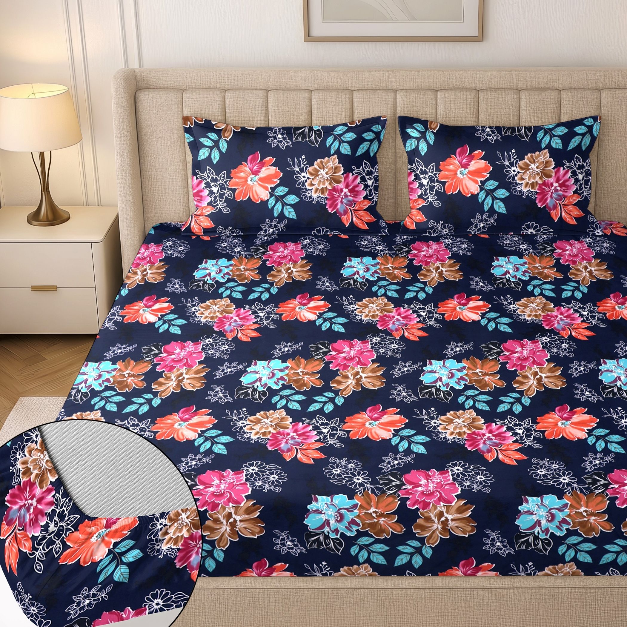 flipkart smartbuy Cotton King Fitted (Elastic) 244 TC Floral 1 Summer Bedsheet with 2 Pillow Covers-picture-49