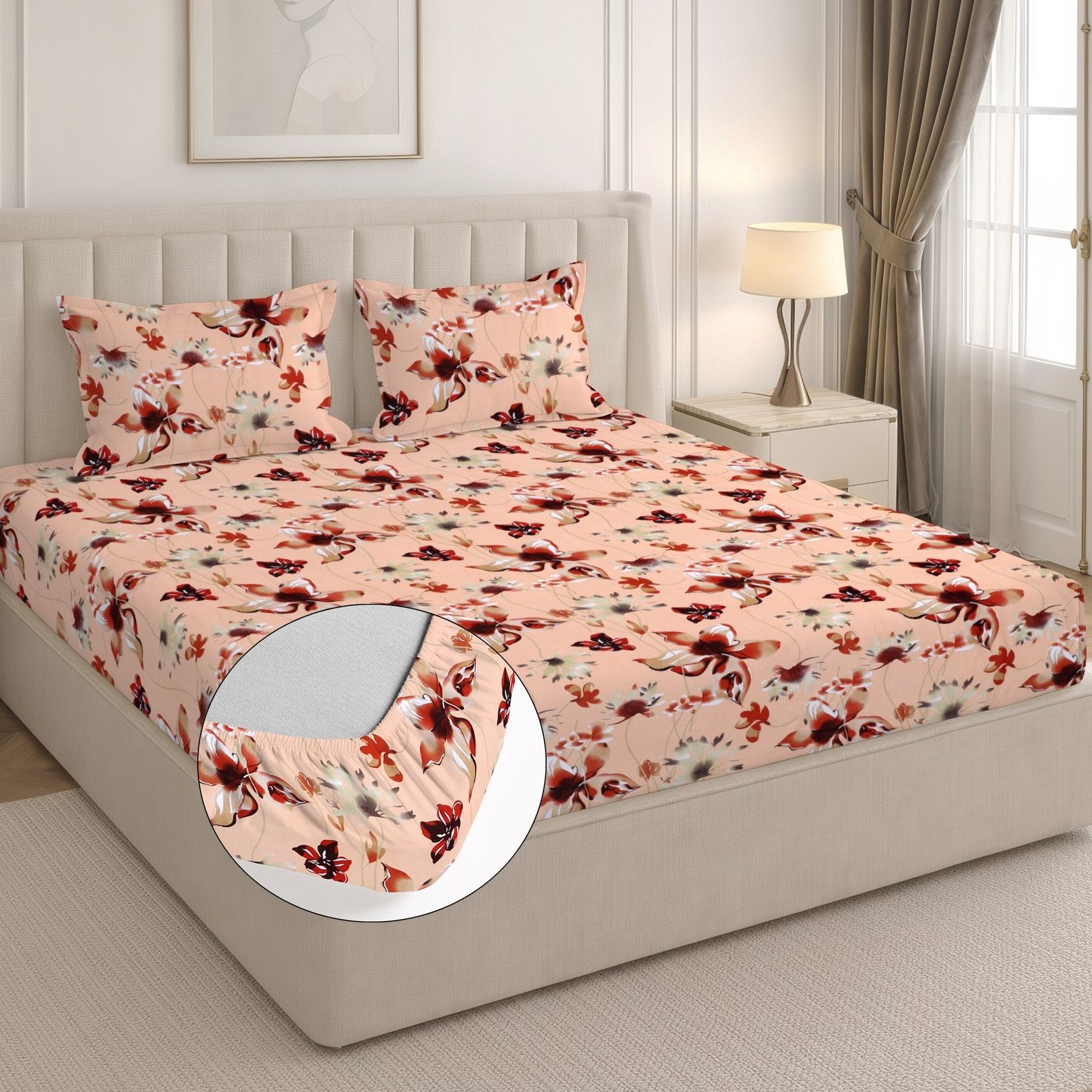 Cotton King Fitted (Elastic) 244 TC Floral 1 Summer Bedsheet with 2 Pillow Covers-image-36