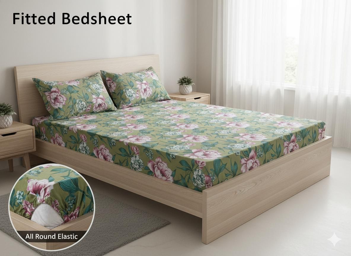 Cotton Blend Queen Fitted (Elastic) 210 TC Floral Bedsheet-image-4