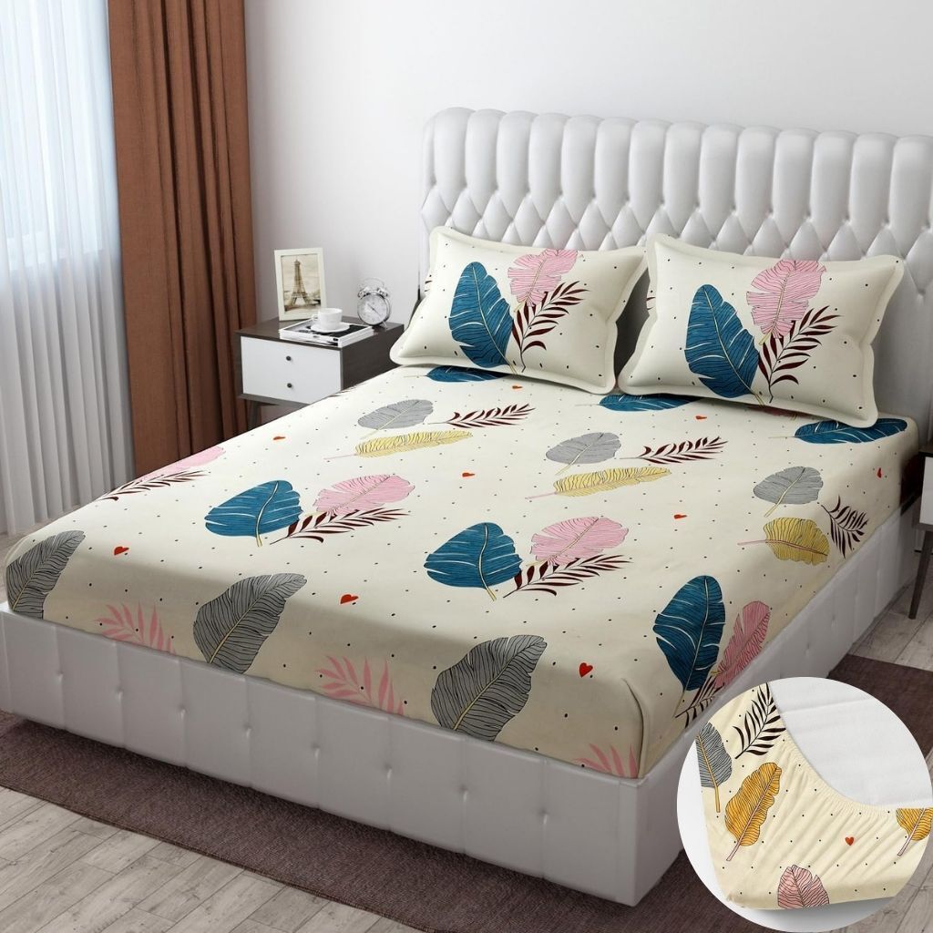 bm decor Cotton King Fitted (Elastic) 244 TC Printed 3 Summer Bedsheets with 2 Pillow Covers-picture-19