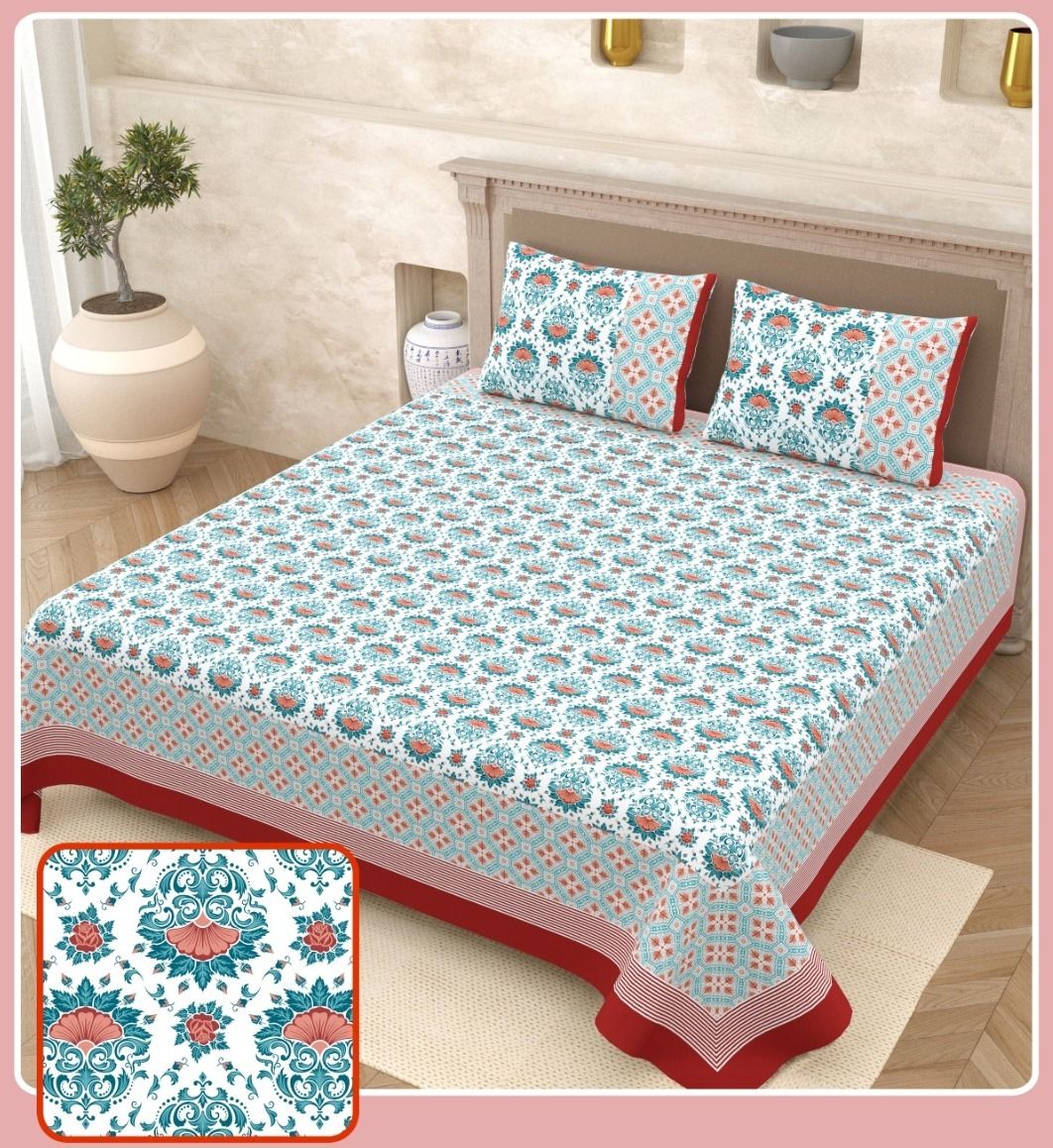 Cotton Super King Flat 280 TC Jaipuri Prints 1 Bedsheet with 2 Pillow Covers-image-49
