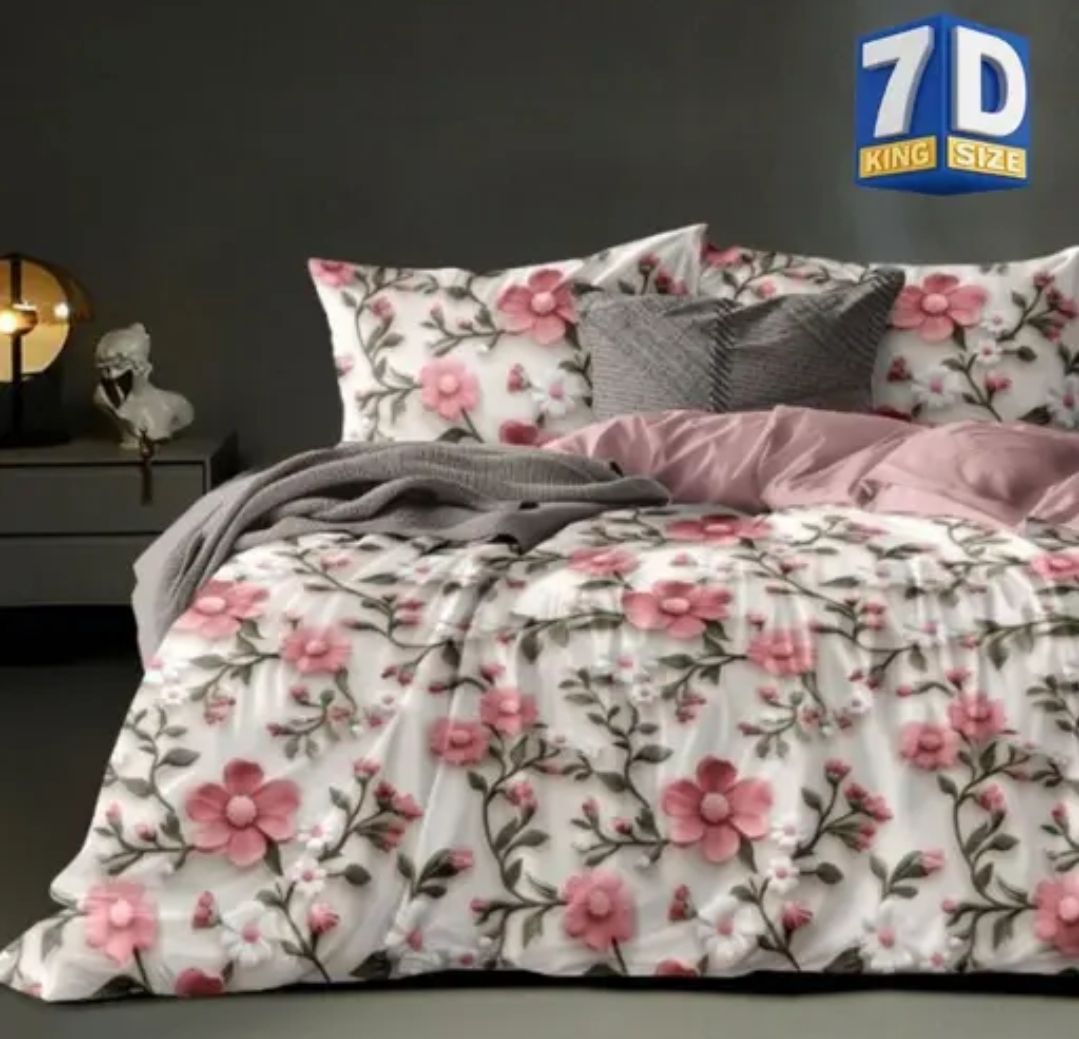 Cotton Blend King Fitted (Elastic) 300 TC 7D Digital 1 Summer Bedsheet with 2 Pillow Covers-image-17