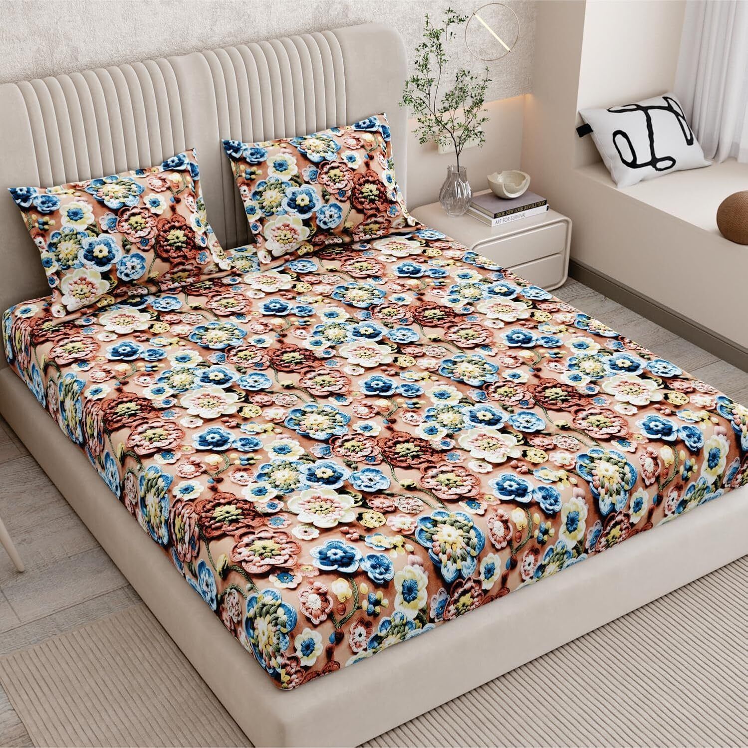 Velvet King Fitted (Elastic) 400 TC Floral 1 Summer Bedsheet with 2 Pillow Covers-image-13