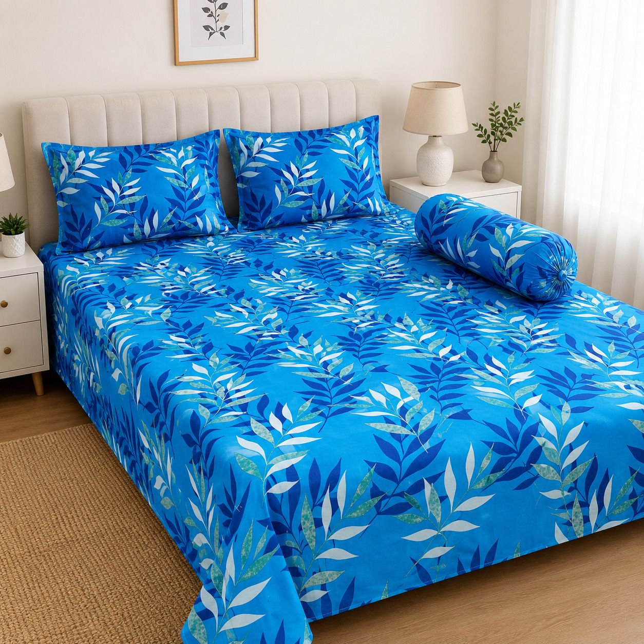Bamboo Cotton, Cotton, Cotton Blend, Linen Cotton, Polycotton Double Flat 300 TC Printed 1 Summer Bedsheet with 3 Pillow Covers-image-26
