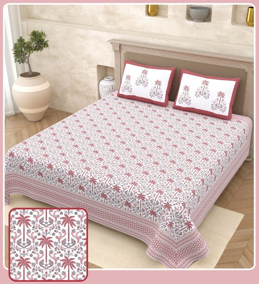 Cotton Super King Flat 280 TC Jaipuri Prints 1 Bedsheet with 2 Pillow Covers-image-23