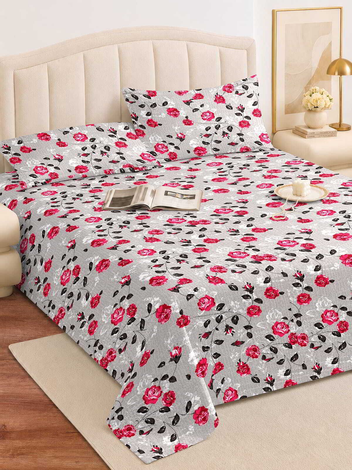romee Microfiber Queen Flat 180 TC Floral 1 Bedsheet with 2 Pillow Covers-picture-2