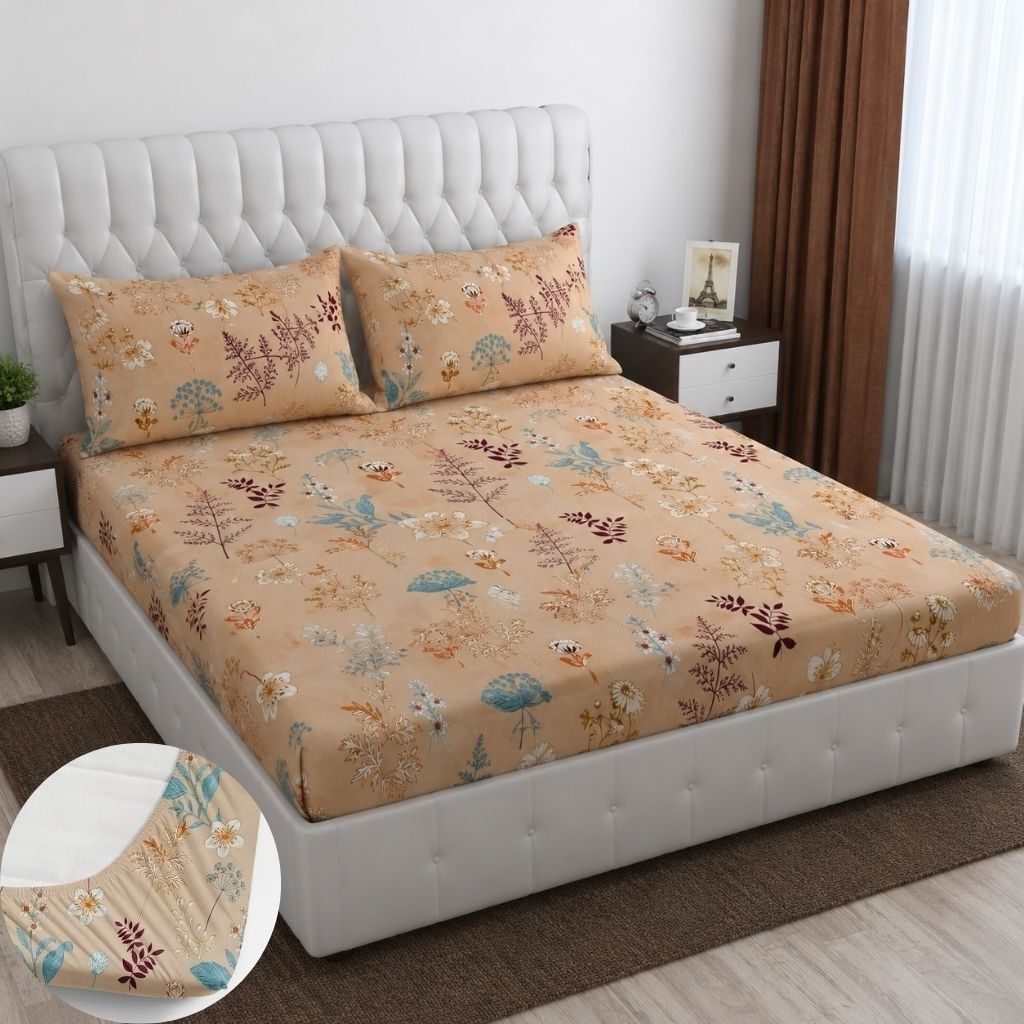 bm decor Cotton Double Fitted (Elastic) 255 TC Printed 1 Summer Bedsheet with 2 Pillow Covers-picture-6