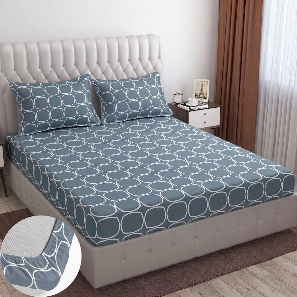 Cotton Double Fitted (Elastic) 255 TC Printed 1 Summer Bedsheet with 2 Pillow Covers-image-24