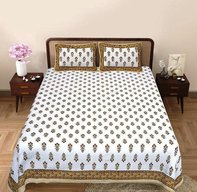 Cotton Blend King Flat 144 TC Jaipuri Prints 1 Bedsheet with 2 Pillow Covers-image-7