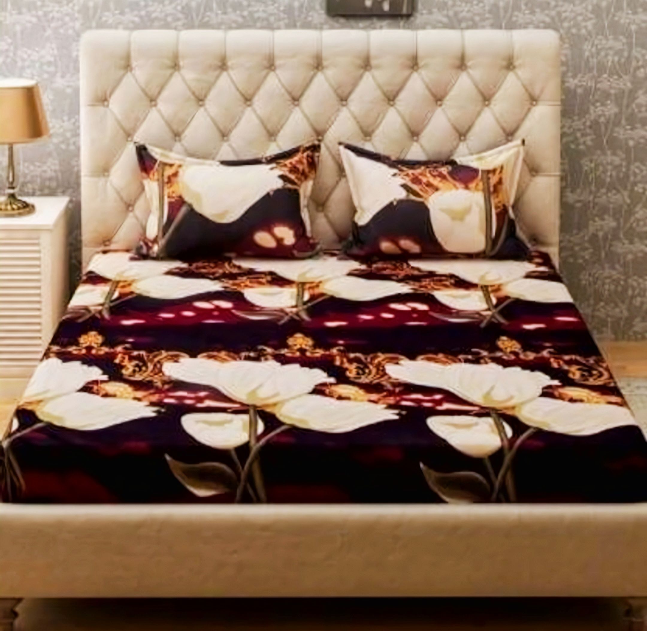 tiwanshi 220 TC Microfiber Double Self Design Fitted (Elastic) Bedsheet-picture-12