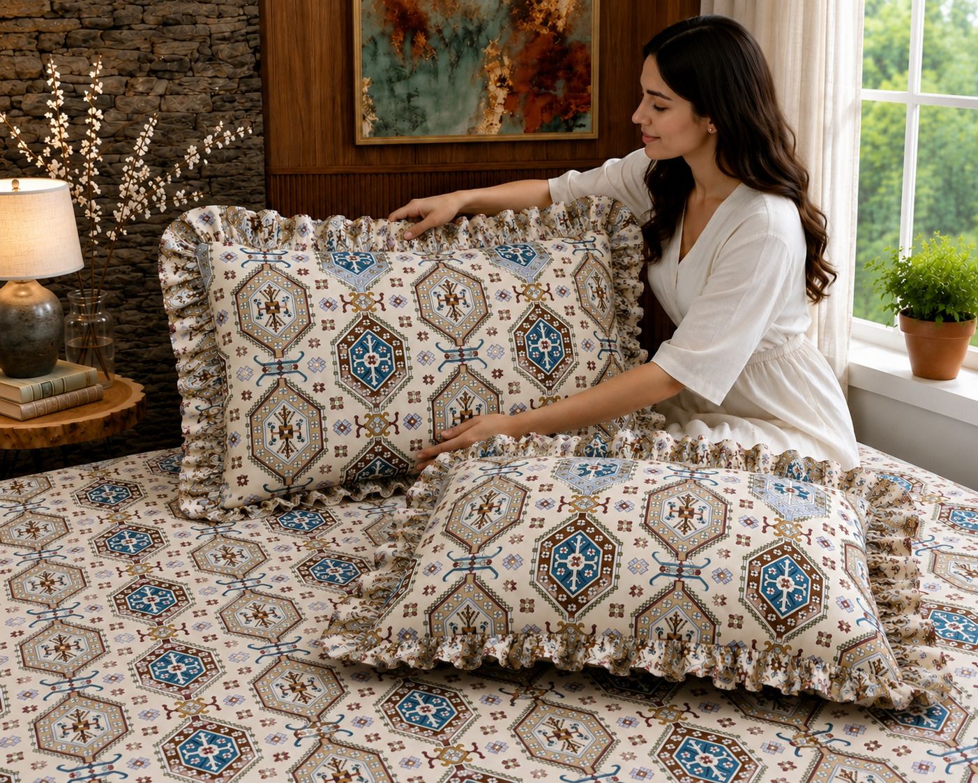 flipkart smartbuy Cotton King, Double Fitted (Elastic) 320 TC Printed 1 Summer Bedsheet with 2 Pillow Covers-picture-15