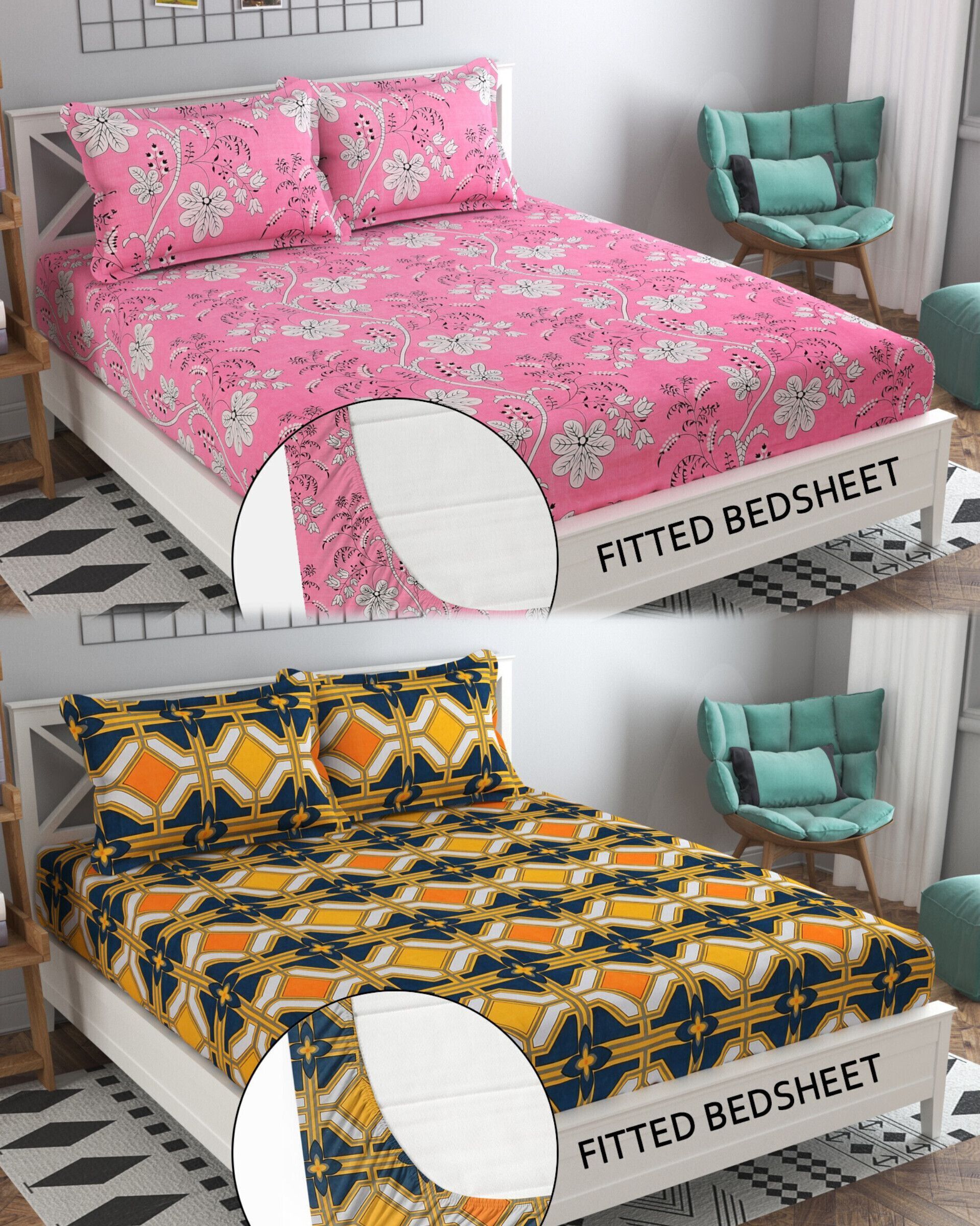 radhey Cotton Double Fitted (Elastic) 220 TC 3D Printed 2 Bedsheets with 4 Pillow Covers-picture-38