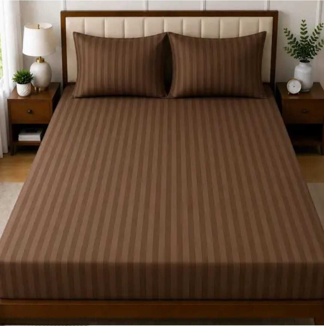 Cotton Blend King Flat 300 TC Striped 1 Summer Bedsheet with 2 Pillow Covers-image-21