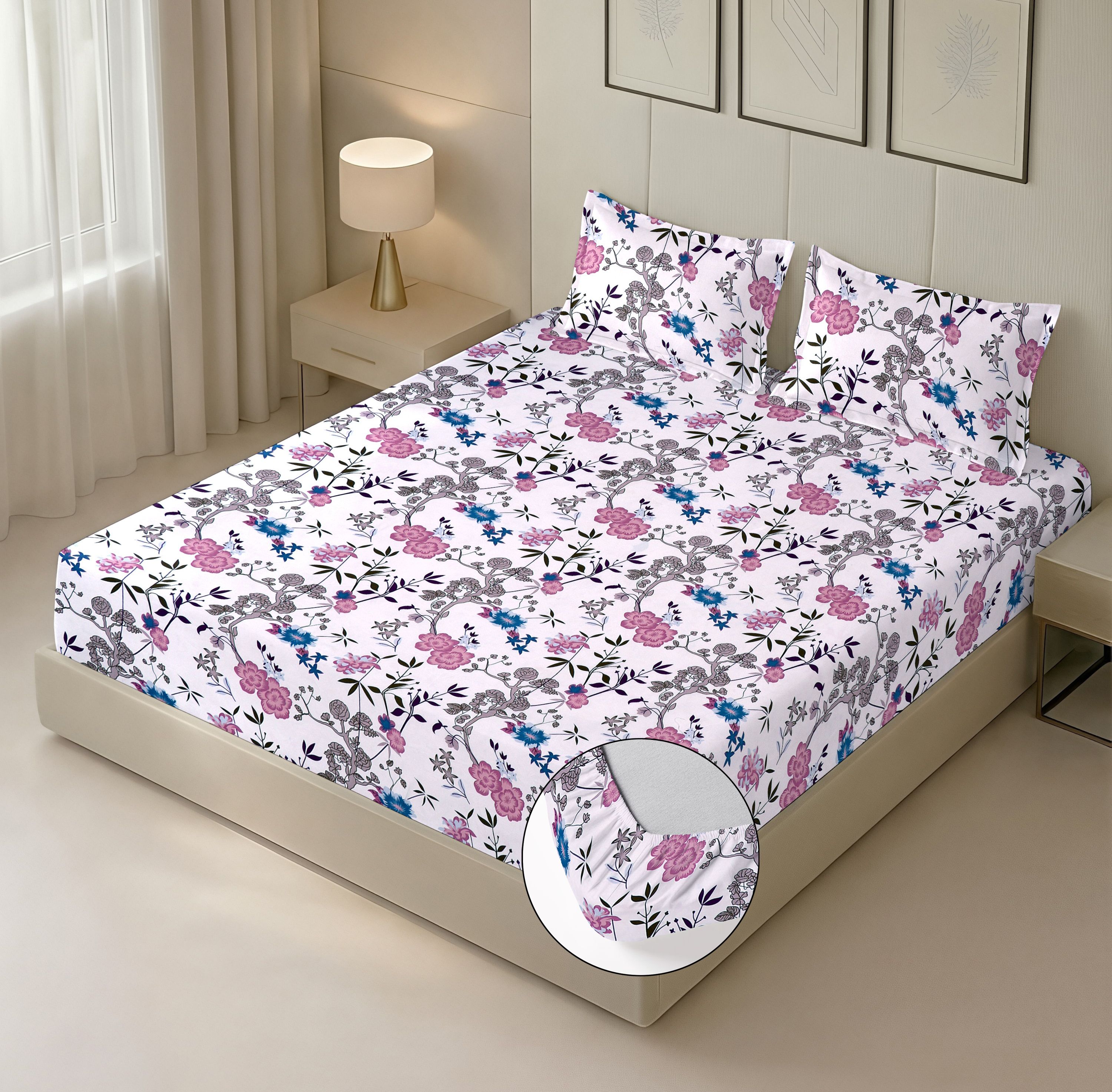 Cotton King Fitted (Elastic) 244 TC Printed 1 Summer Bedsheet with 2 Pillow Covers-image-28