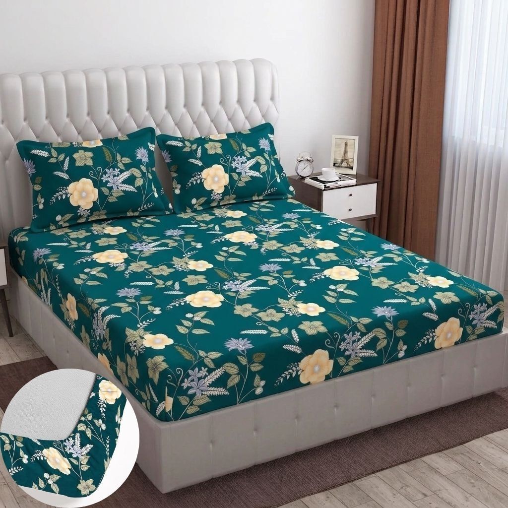 bm decor Cotton Double Fitted (Elastic) 255 TC Printed 1 Summer Bedsheet with 2 Pillow Covers-picture-8