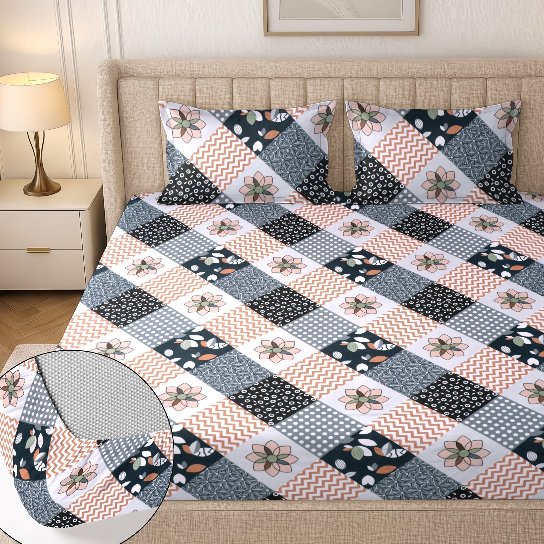 flipkart smartbuy Cotton King Fitted (Elastic) 244 TC Floral 1 Summer Bedsheet with 2 Pillow Covers-picture-2