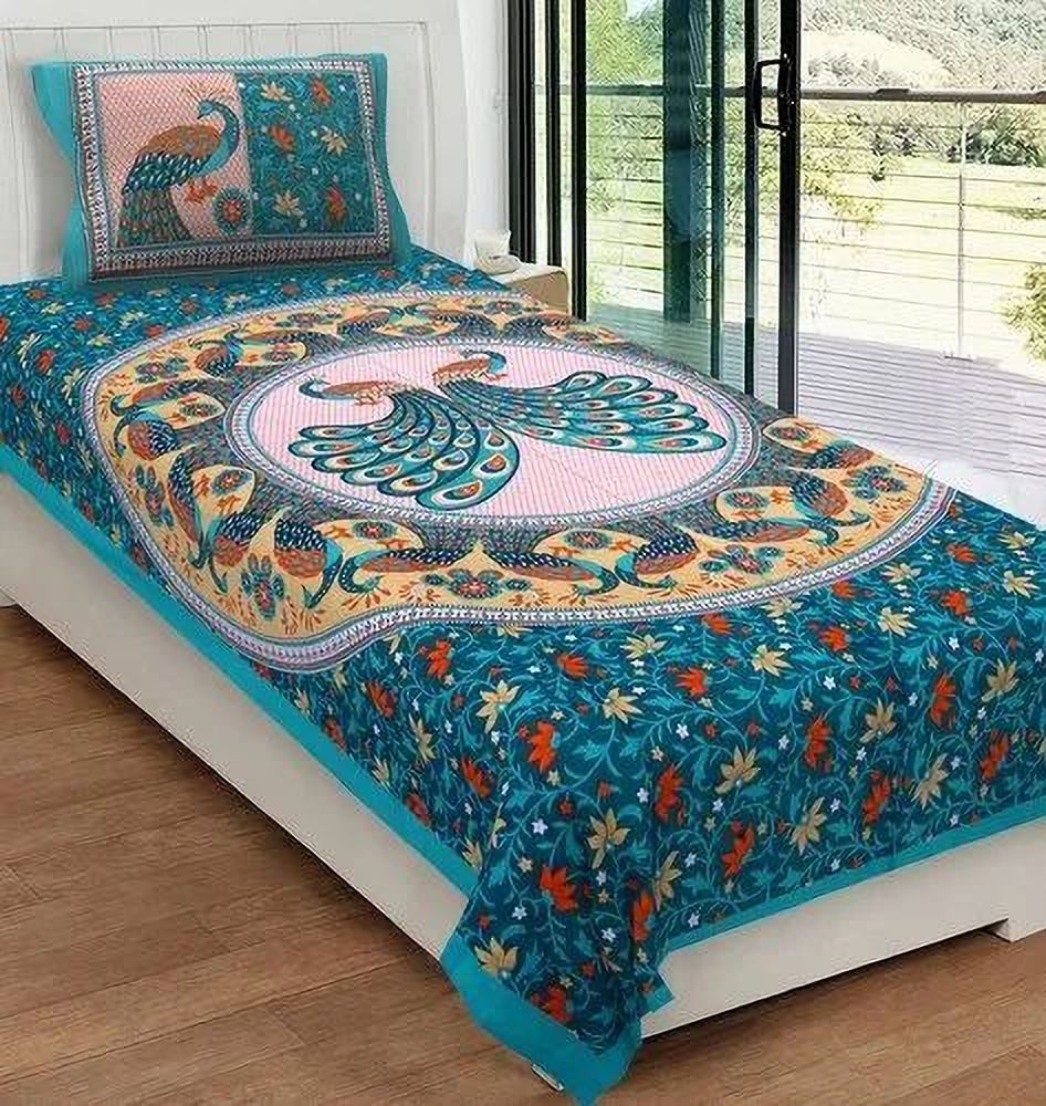 Cotton Single Flat 144 TC Jaipuri Prints 1 Bedsheet with 2 Pillow Covers-image-20