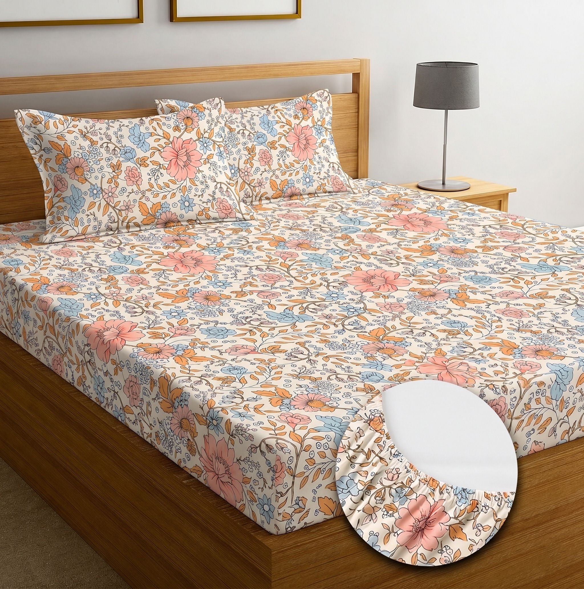 flipkart smartbuy Cotton King Fitted (Elastic) 280 TC Floral 1 Summer Bedsheet with 2 Pillow Covers-picture-28