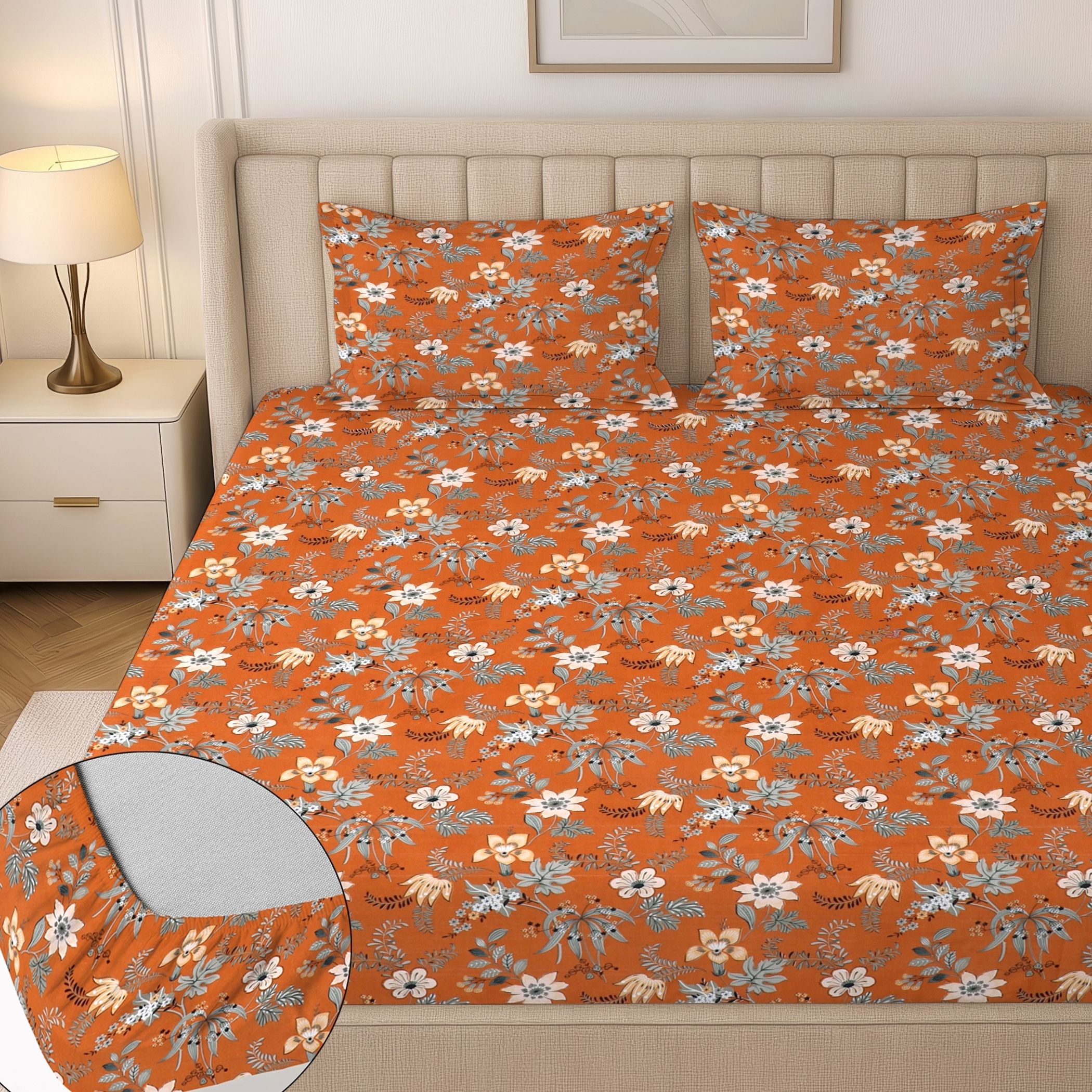 flipkart smartbuy Cotton King Fitted (Elastic) 244 TC Floral 1 Summer Bedsheet with 2 Pillow Covers-picture-27