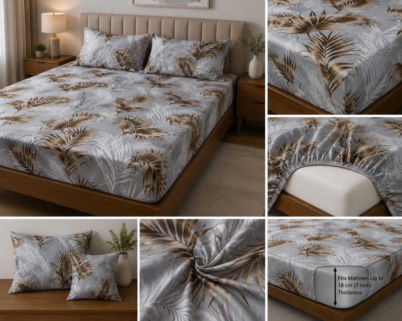 Satin Double Fitted (Elastic) 219 TC Printed 1 Summer Bedsheet with 2 Pillow Covers, 1 Cushion Covers-image-7