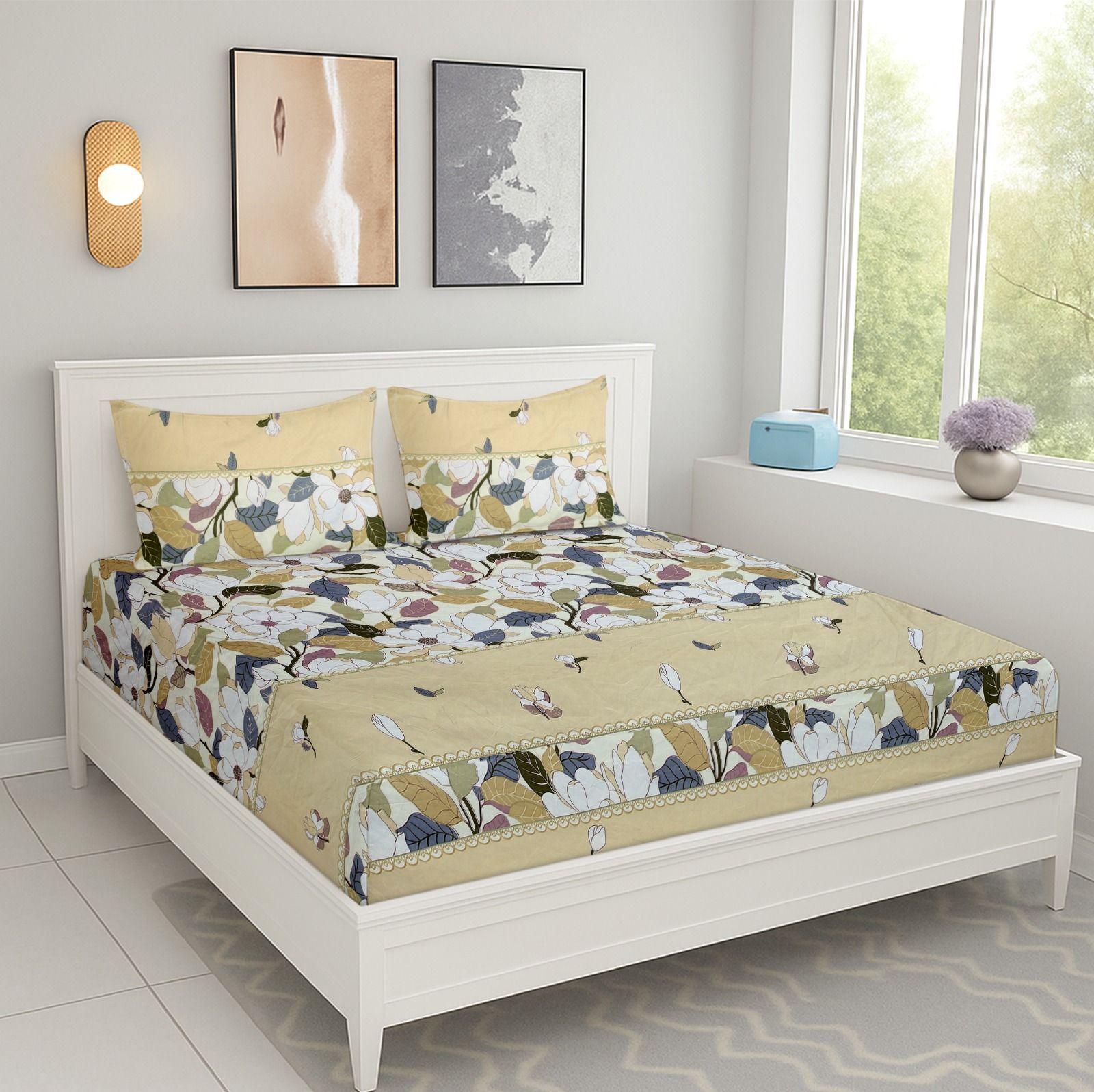 Cotton Double Fitted (Elastic) 200 TC Floral 1 Summer Bedsheet with 2 Pillow Covers-image-32