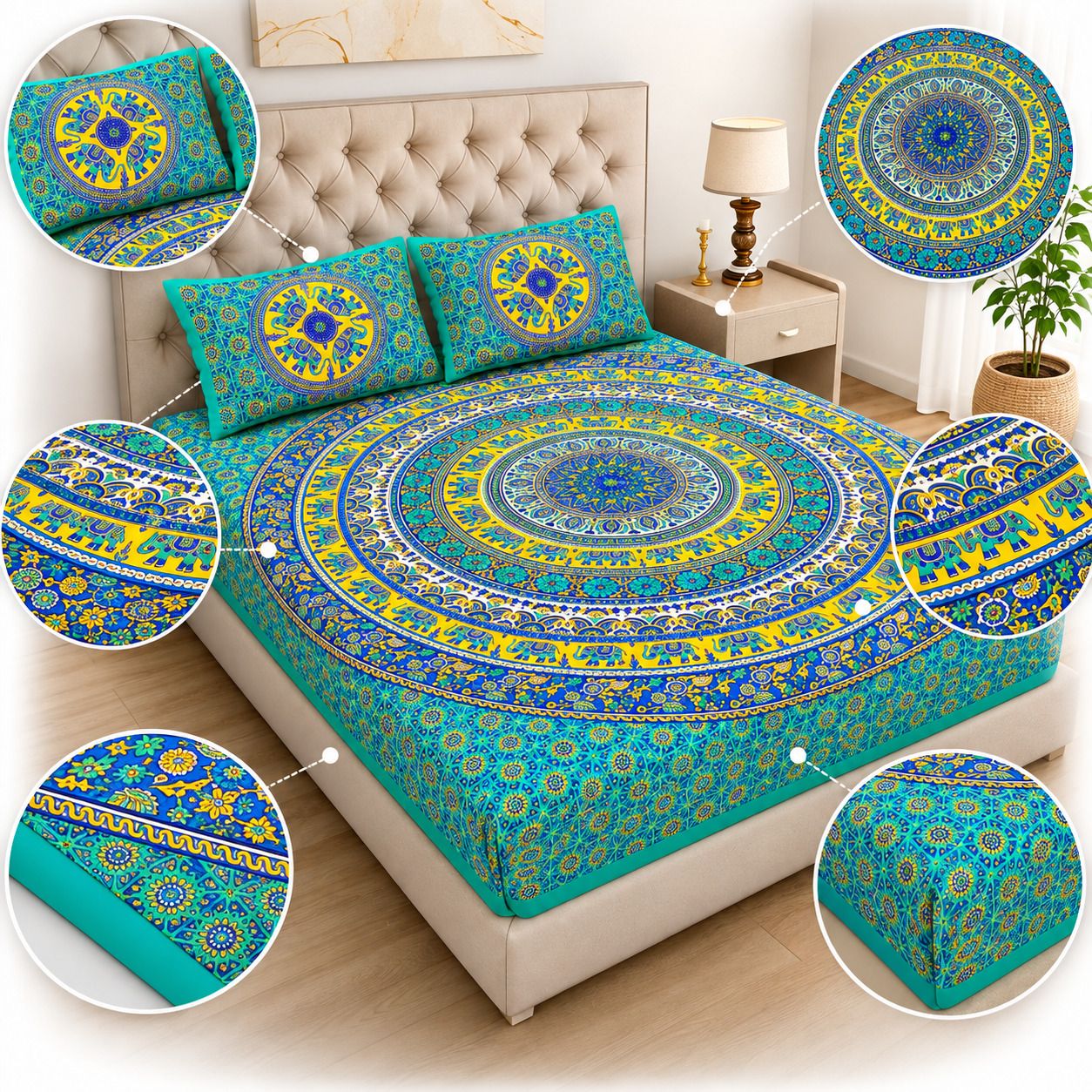 Cotton Double, Queen Flat 180 TC Jaipuri Prints 1 Summer Bedsheet with 2 Pillow Covers-image-34