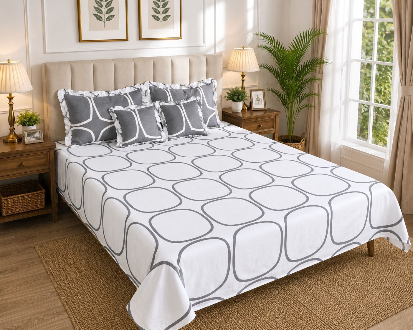 Cotton Double Flat 300 TC Floral 1 Summer Bedsheet with 2 Pillow Covers, 2 Cushion Covers-image-6