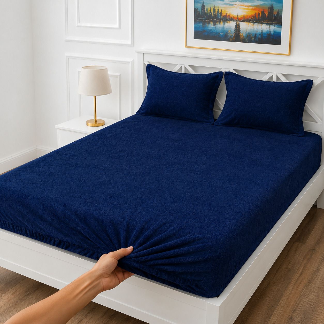 bluedot Velvet King Fitted (Elastic) 350 TC Geometric 1 Winter Bedsheet with 2 Pillow Covers-picture-0
