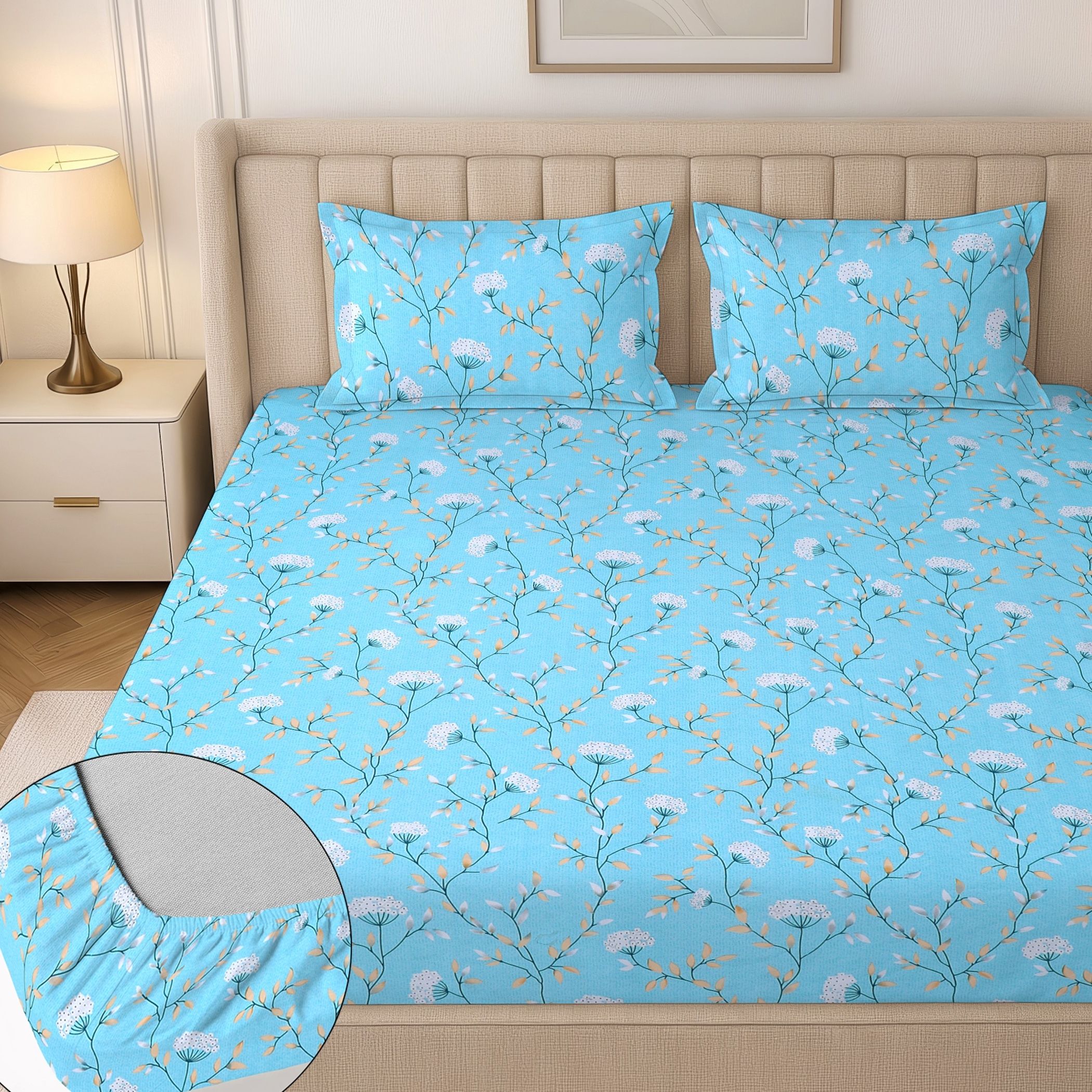 flipkart smartbuy Cotton King Fitted (Elastic) 244 TC Floral 1 Summer Bedsheet with 2 Pillow Covers-picture-31