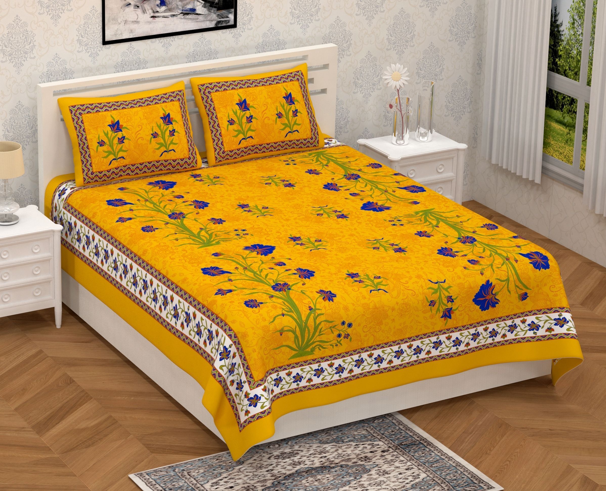 Cotton Double Flat 144 TC Jaipuri Prints Bedsheet