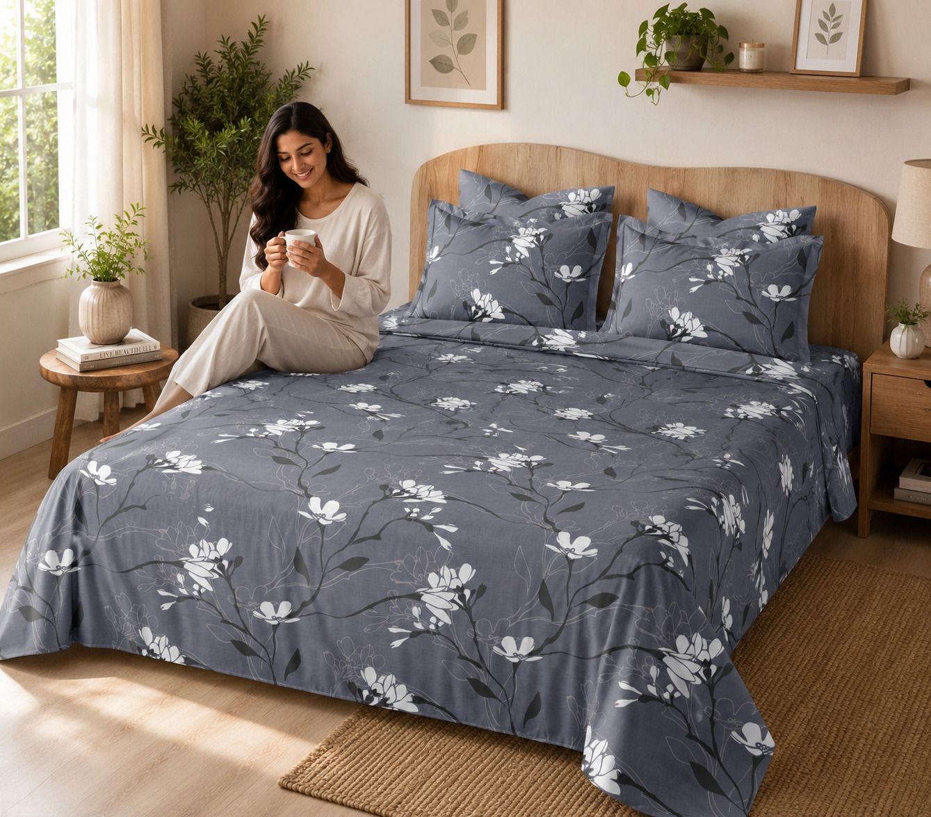 aura linen Cotton Blend Super King Flat 240 TC Printed 1 Bedsheet with 2 Pillow Covers-picture-13