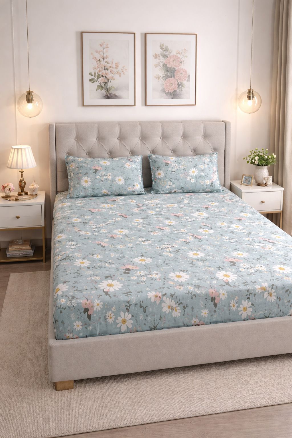 Cotton Double Fitted (Elastic) 200 TC Floral 1 Summer Bedsheet with 2 Pillow Covers-image-31