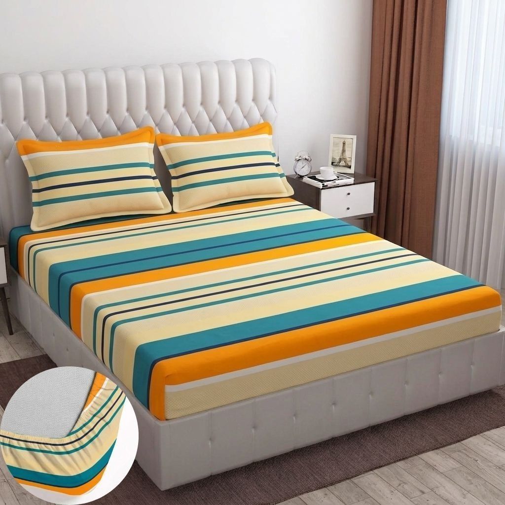 bm decor Cotton Double Fitted (Elastic) 255 TC Printed 1 Summer Bedsheet with 2 Pillow Covers-picture-21