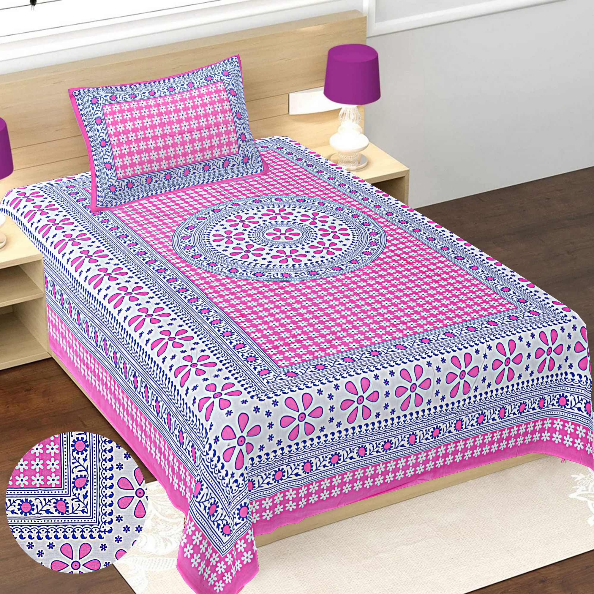 Cotton Single Flat 152 TC Jaipuri Prints 1 Bedsheet with 2 Pillow Covers-image-41