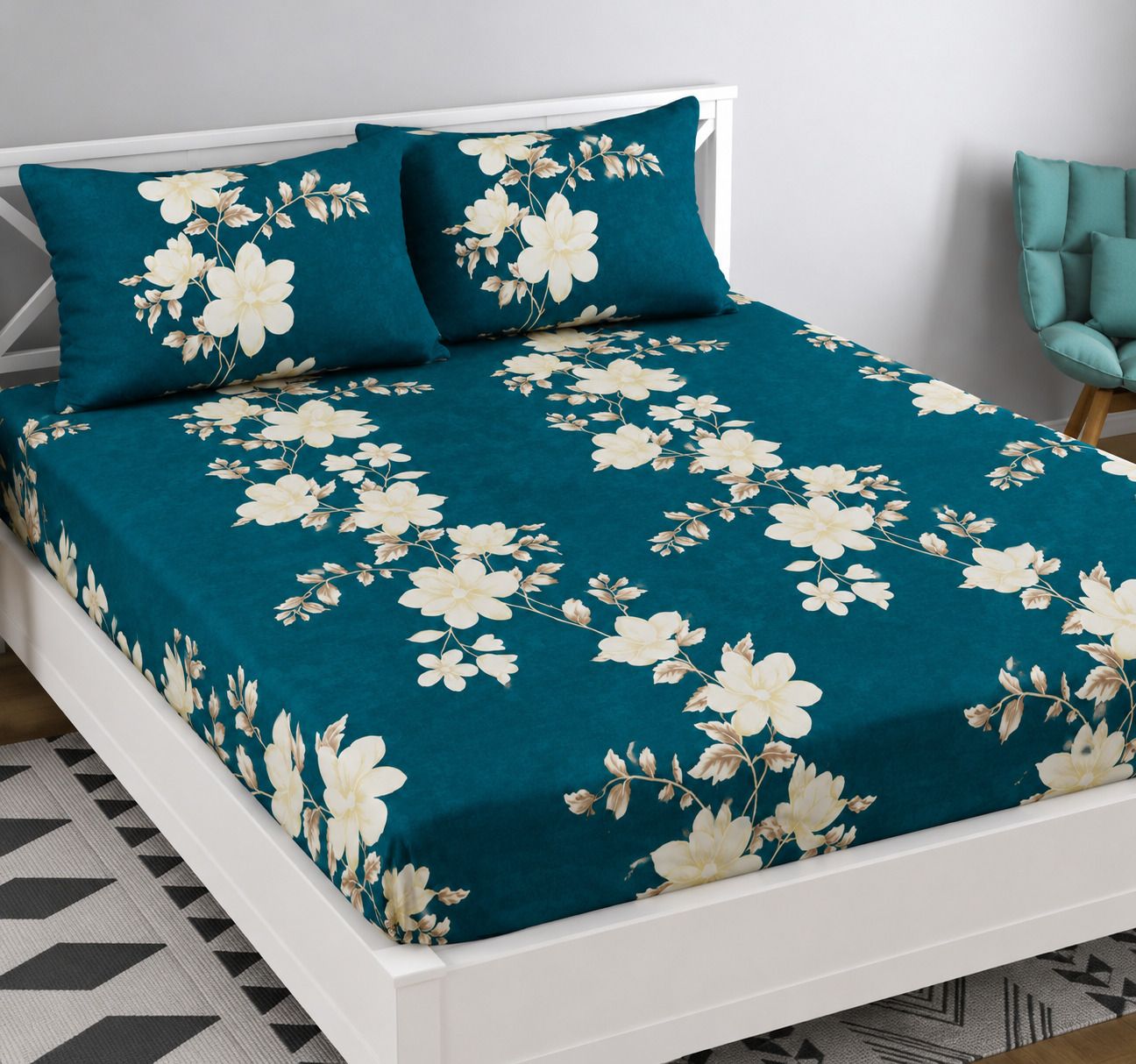 bluedot Velvet King Fitted (Elastic) 350 TC Printed 1 Winter Bedsheet with 2 Pillow Covers-picture-4