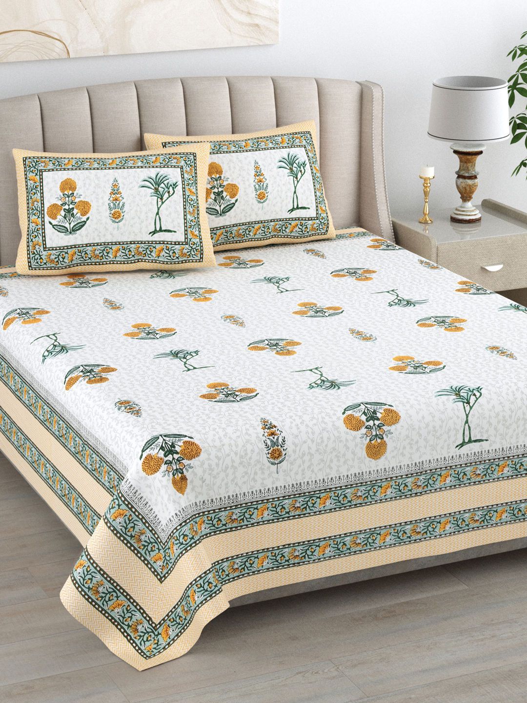 Cotton King Flat 300 TC Geometric 1 Bedsheet with 2 Pillow Covers-image-5