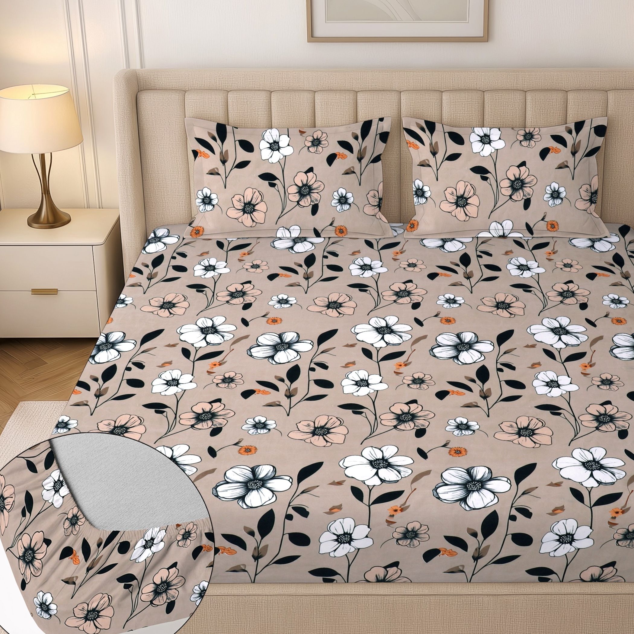 flipkart smartbuy Cotton King Fitted (Elastic) 244 TC Floral 1 Summer Bedsheet with 2 Pillow Covers-picture-47