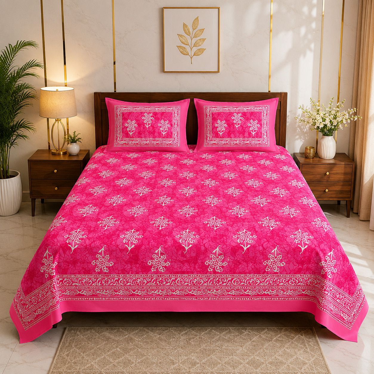 Cotton Double Flat 144 TC 3D Printed 1 Summer Bedsheet with 2 Pillow Covers-image-24