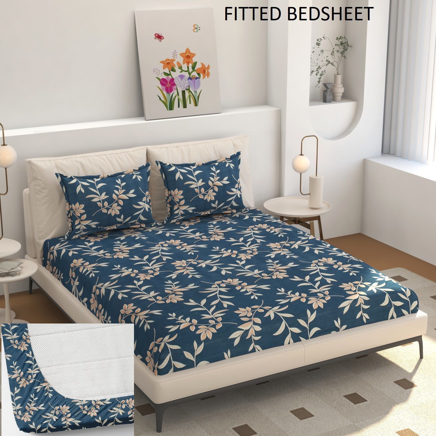 Cotton King Fitted (Elastic) 240 TC Floral 1 Summer Bedsheet with 2 Pillow Covers-image-29