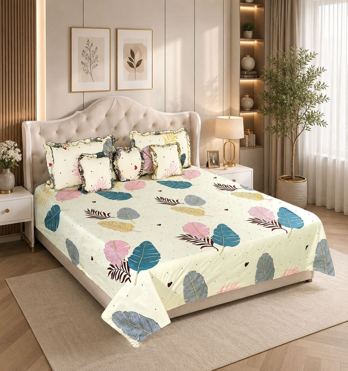 Cotton Double Flat 300 TC Floral 1 Summer Bedsheet with 2 Pillow Covers, 3 Cushion Covers-image-7