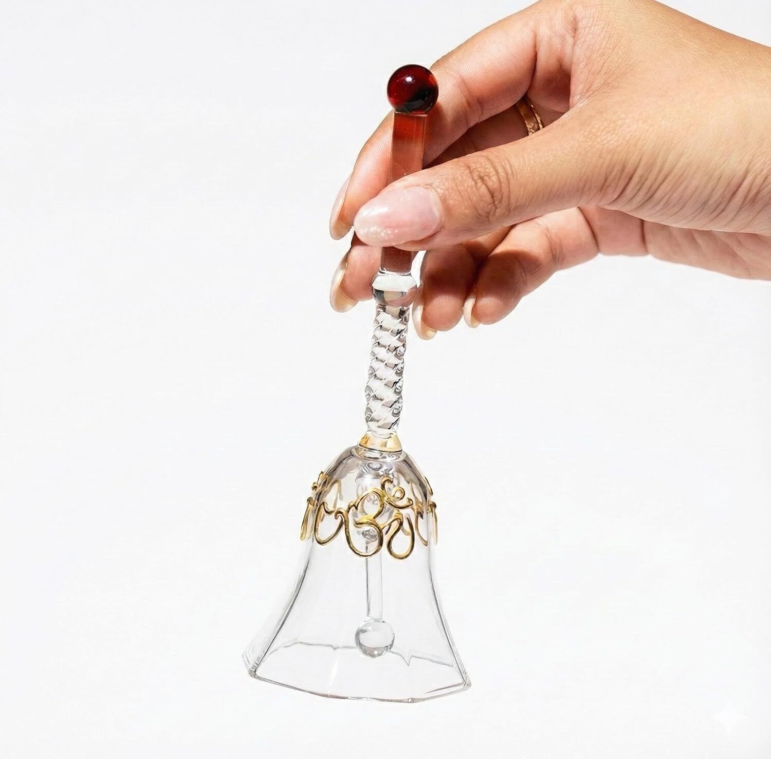 glass temple bell with om print for pooja home decoration bell