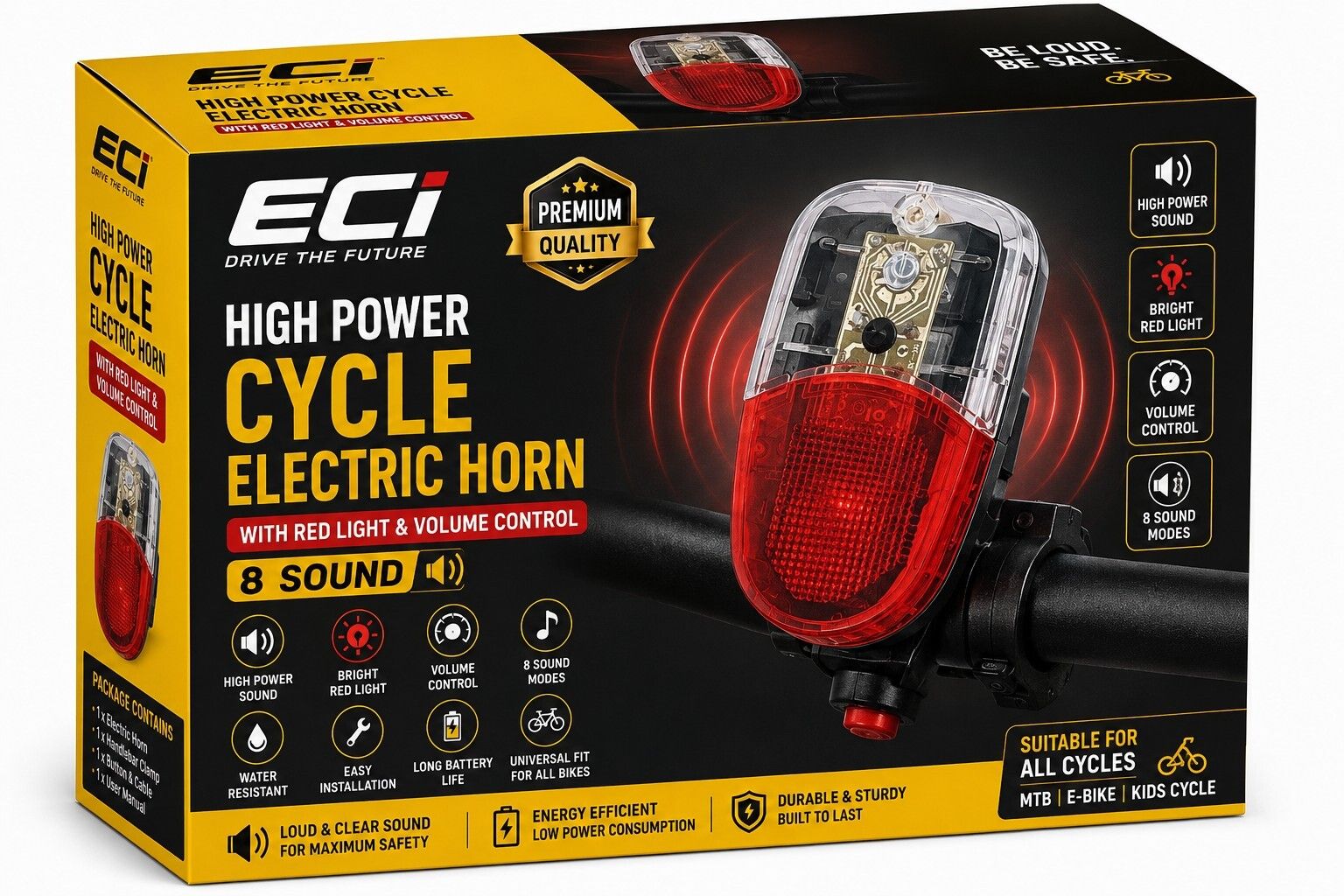 eci High Power Cycle Electric Horn with Red Light, Volume Control & 8 Sound Modes Bell-picture-6