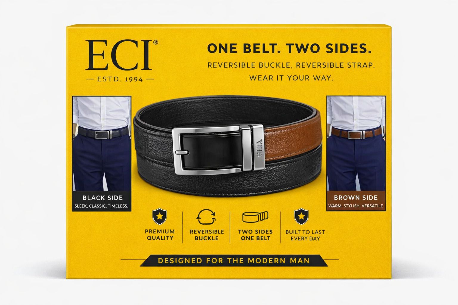 eci Men Formal Black, Brown Metal Reversible Belt-picture-7