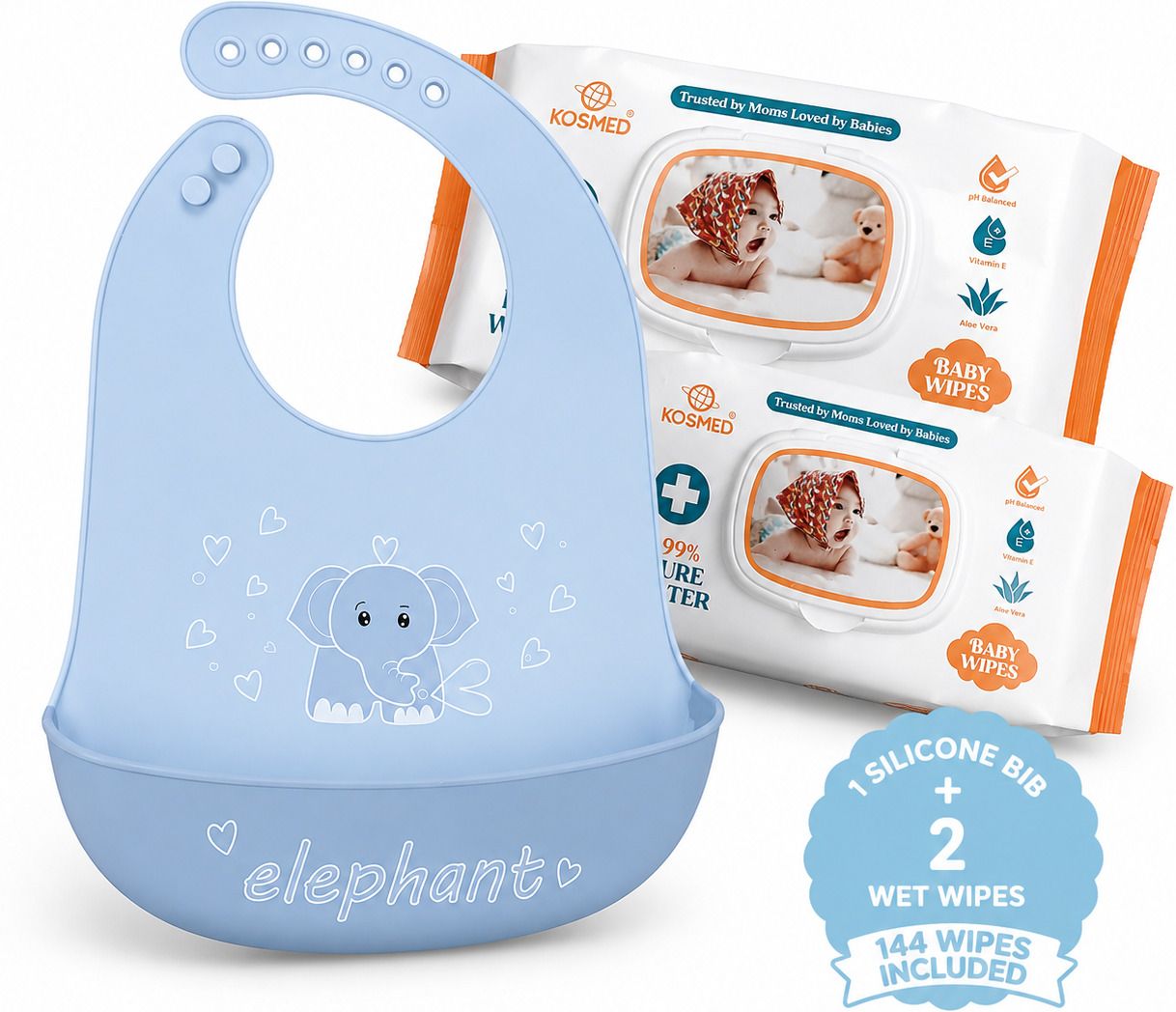 Silicone Baby Feeding Bib with 2 Baby Wet Wipes Packs (144 Wipes)-image-29