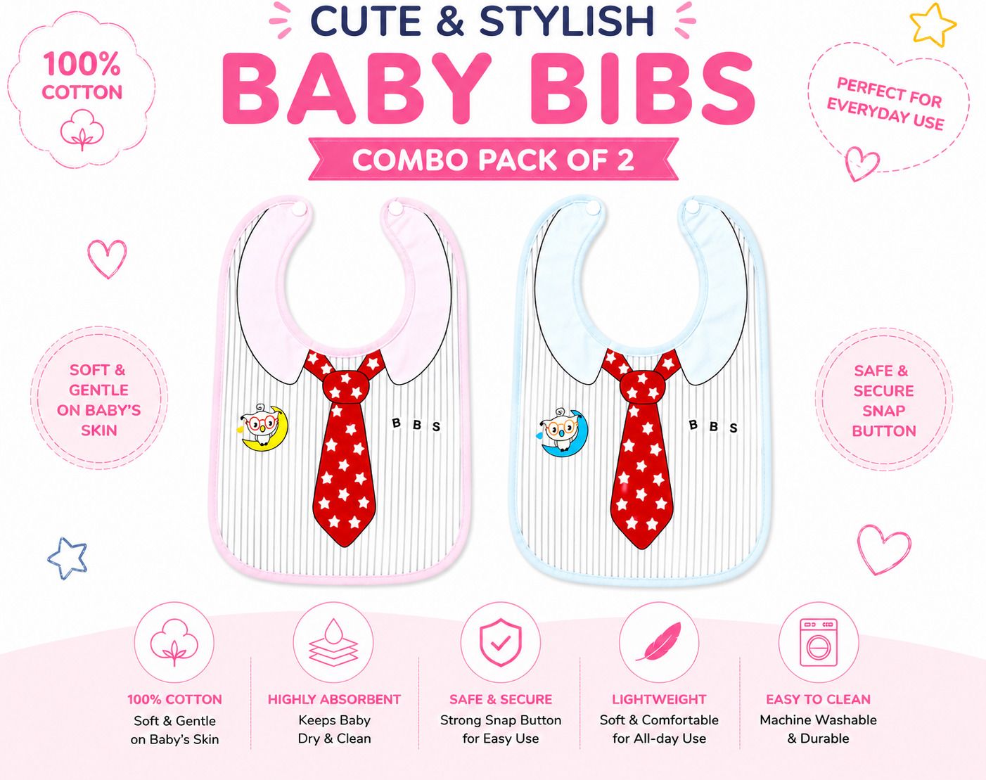 shoppizone Baby Cotton Bibs Combo Pack of 2 Soft Absorbent Feeding Bibs for Kids-picture-20