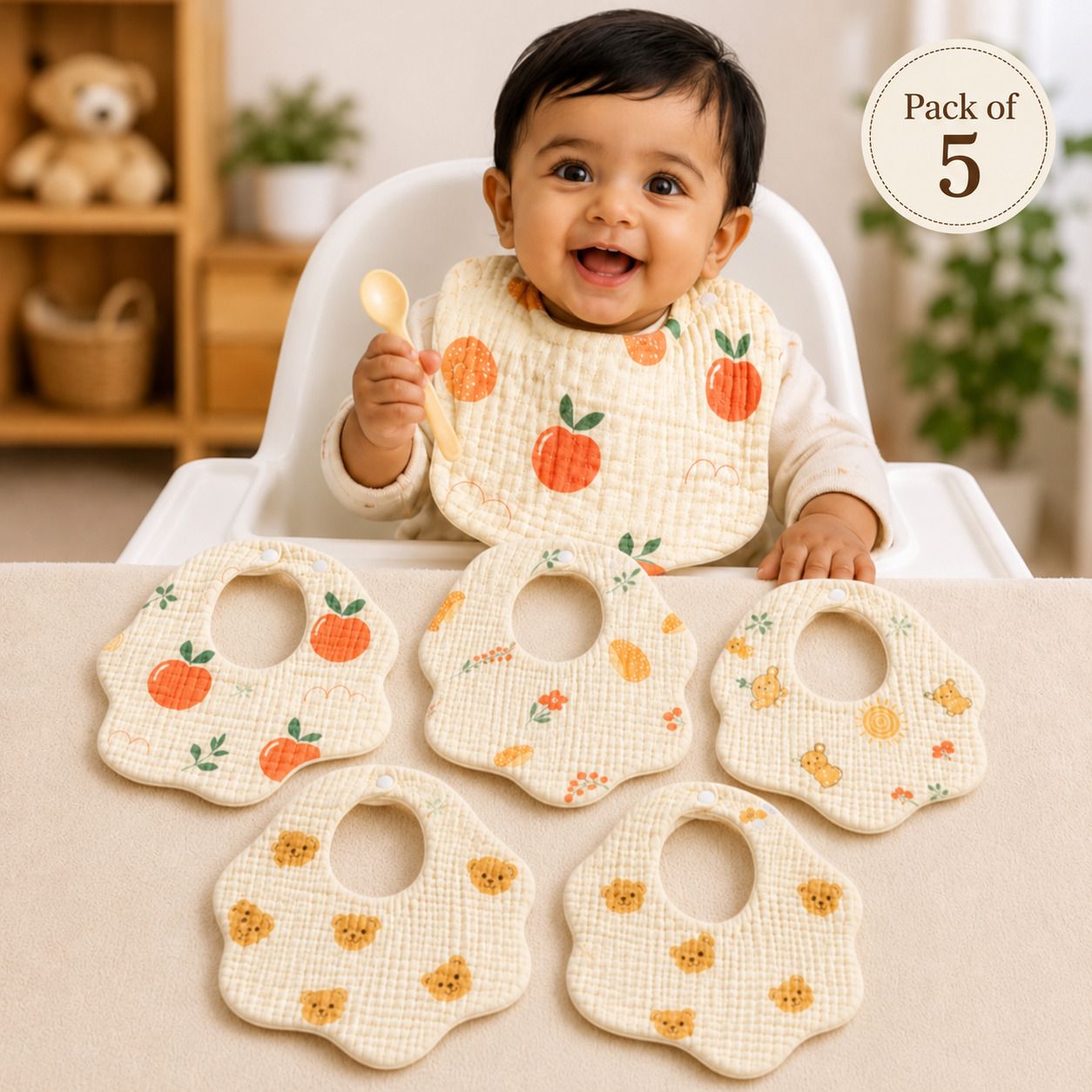 cuddlehop Baby Bibs, 6 Layers Flower Bibs, Smooth, Comfortable, Lightweight (Pack of 5)-picture-25