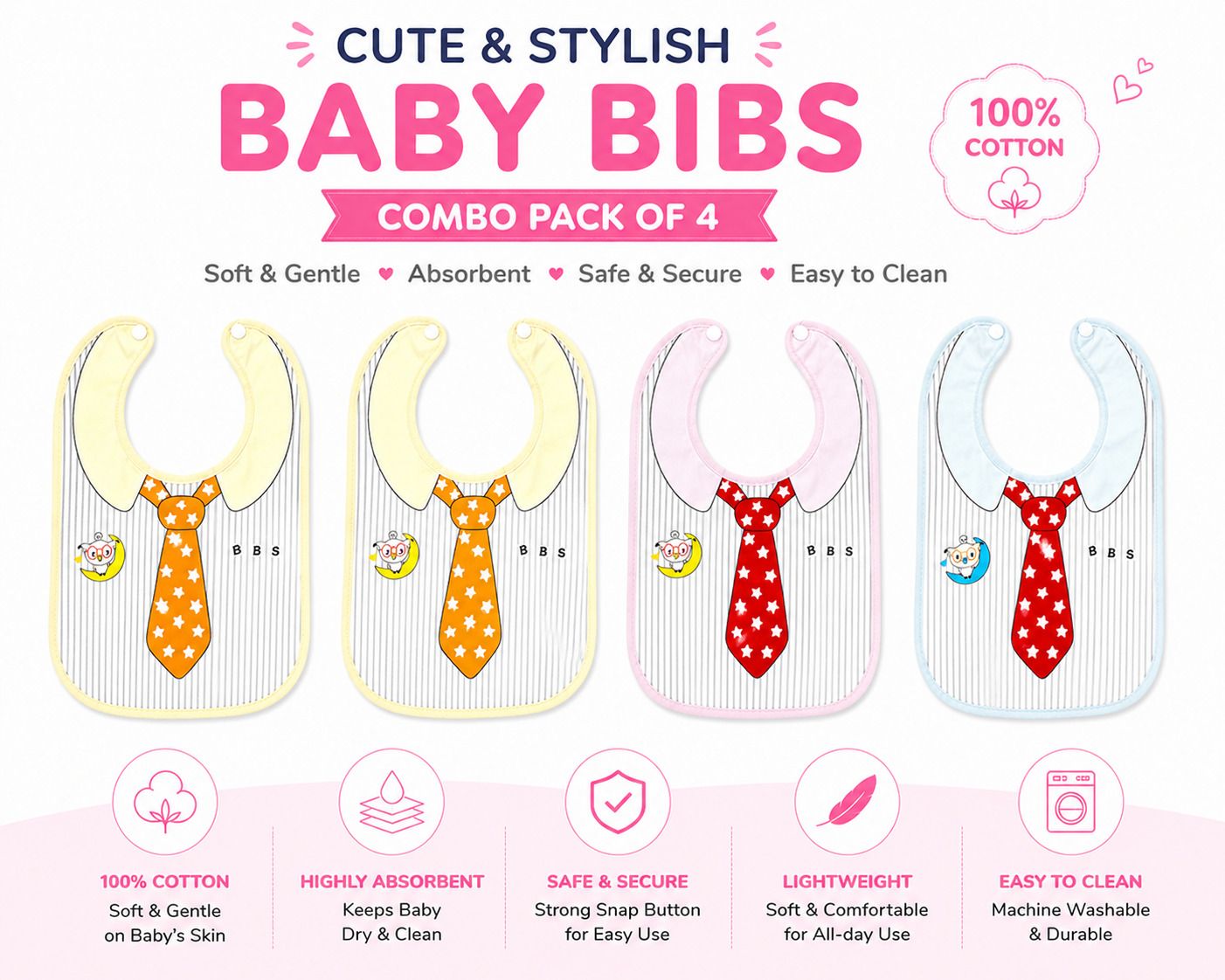 shoppizone Baby Cotton Bibs Combo Pack of 4 Soft Absorbent Feeding Bibs for Kids-picture-19